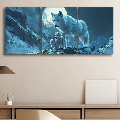 3pcs White Wolf family Blue Themed Metal Print Ready to Hang Art