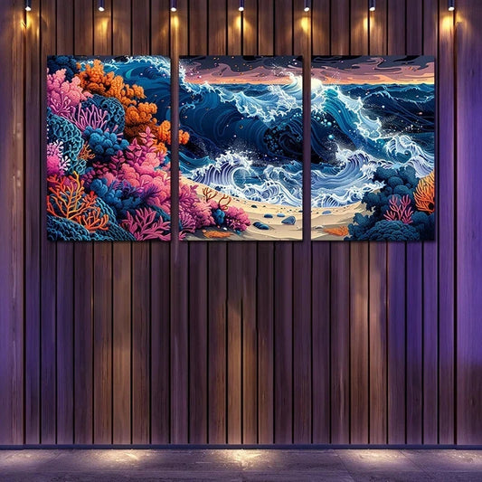 3pcs Blue Tears Seashore Ocean Themed Design Metal Print Ready to Hang Art