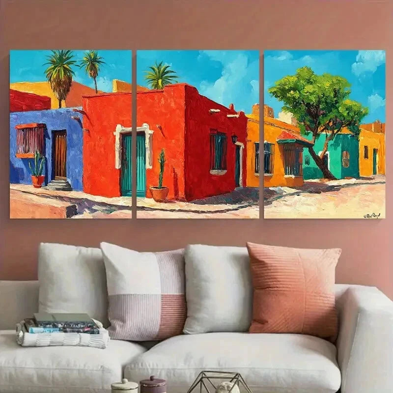 3pcs Vibrant Colorful Mexican House Cityscape Metal Print Ready to Hang Art