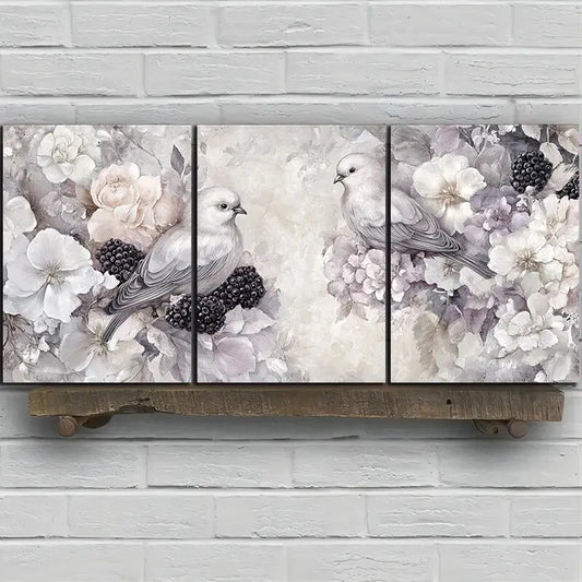 3pcs Birds on Blackberry Flowers Beautiful Metal Print Ready to Hang Art