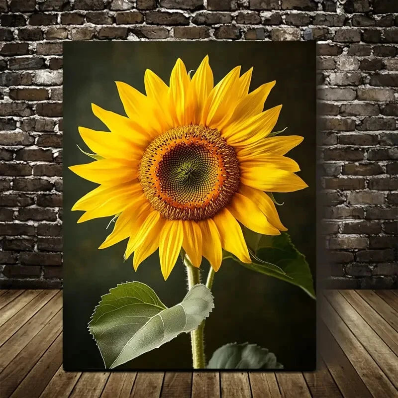 Vibrant Yellow Petals & Green Leaves, Painting 40x60cm Metal Print Ready to Hang
