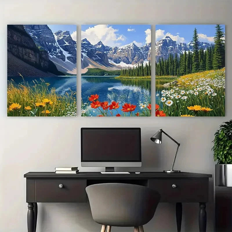 3pcs Moraine Lake Banff National Park Wildflower Wall Art Set Canvas Framed 50x70cm - High Quality Print 100% Australian Made Wall Canvas Ready to Hang