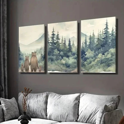 3pcs Bear Family in Forest Portrait Decor Wall Art Set Canvas Unframed - High Quality Print 100% Australian Made Wall Canvas