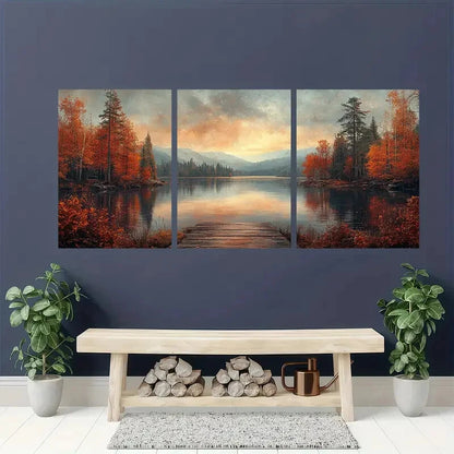 3pcs Autumn Lake Rustic Nature Scene Metal Print Ready to Hang Art