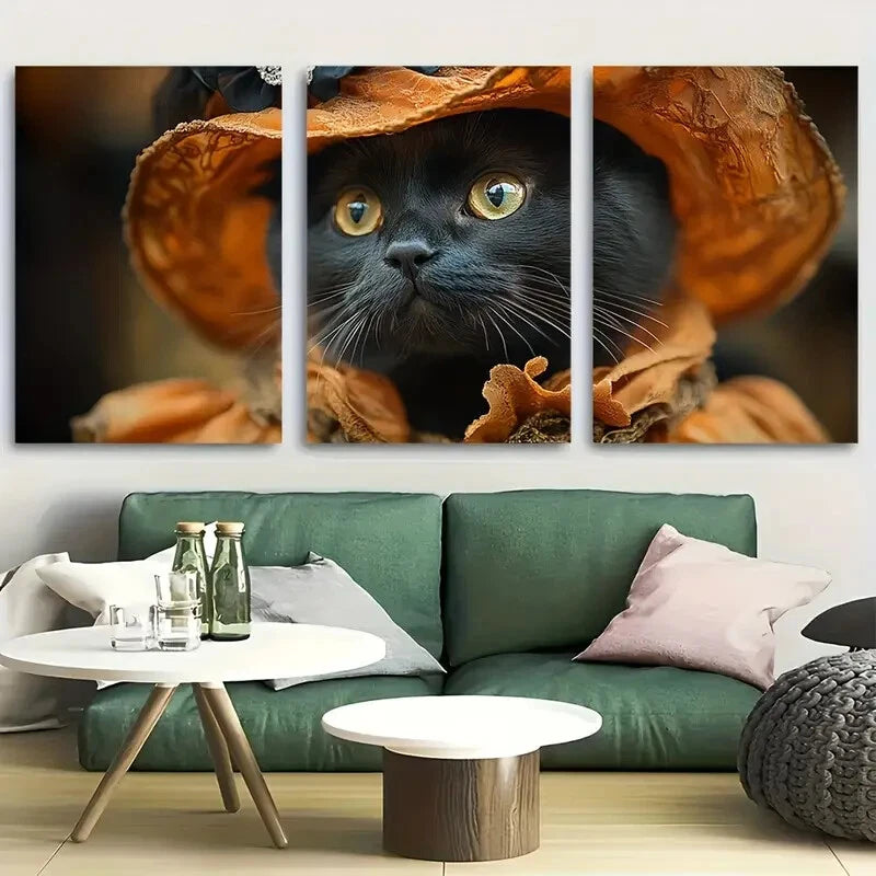 3pcs Elegant Black Cat in Victorian Dress Metal Print Ready to Hang Art