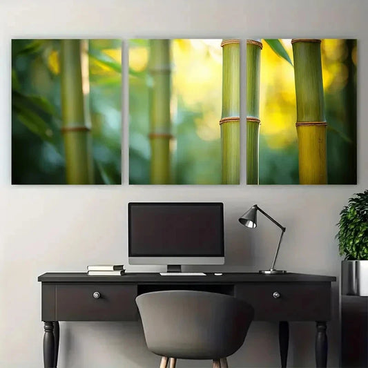 3pcs Vibrant Green Bamboo Nature Illustration Wall Art Set Canvas Framed 40x60cm - High Quality Print 100% Australian Made Wall Canvas Ready to Hang