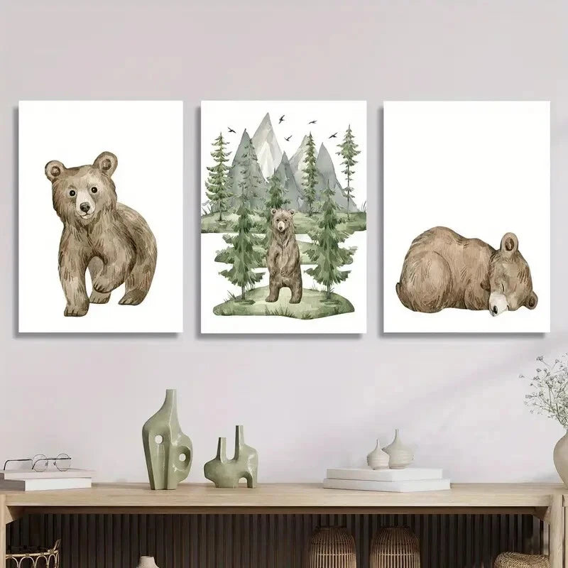 3pcs Charming Cartoon Bear &amp; Forest Watercolor Metal Print Ready to Hang Art