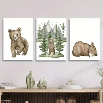 3pcs Charming Cartoon Bear &amp; Forest Watercolor Metal Print Ready to Hang Art