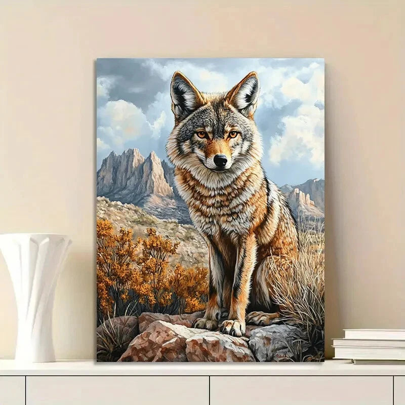 Realistic Painting of a Coyote in The Rocky Desert 40x60cm Metal Print Ready to Hang