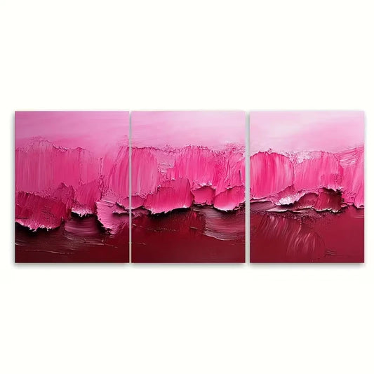 3pcs Vibrant Pink Abstract Brush Stroke Metal Print Ready to Hang Art