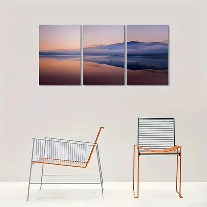 3pcs Tranquil Lake Sunset Painting Metal Print Ready to Hang Art