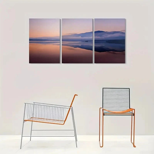 3pcs Tranquil Lake Sunset Painting Metal Print Ready to Hang Art