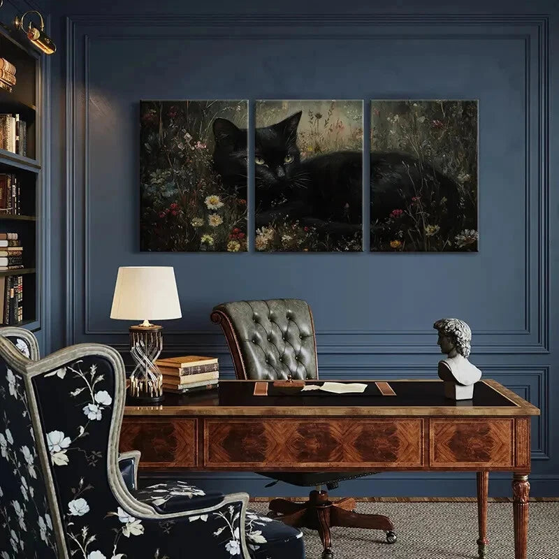 3pcs Elegant Black Cat Floral Garden Metal Print Ready to Hang Art