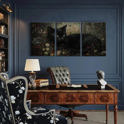 3pcs Elegant Black Cat Floral Garden Metal Print Ready to Hang Art