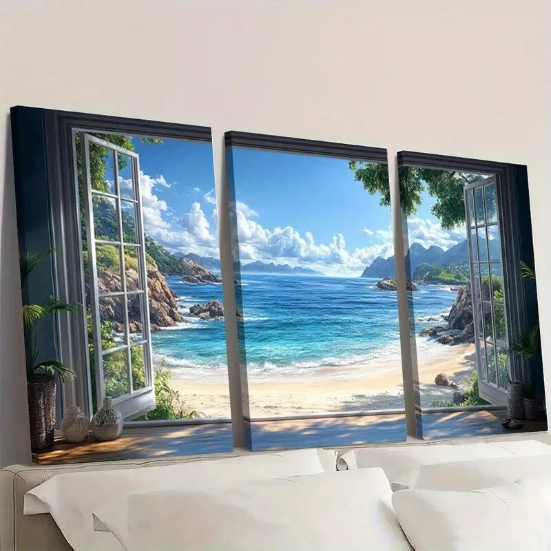 3pcs Seascape Tropical Beach Window View Wall Art Set Canvas Framed 40x60cm - High Quality Print 100% Australian Made Wall Canvas Ready to Hang