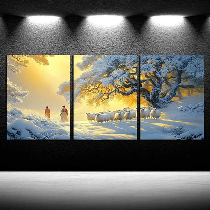 3pcs The Flock of Sheep in the Snow Scene Metal Print Ready to Hang Art