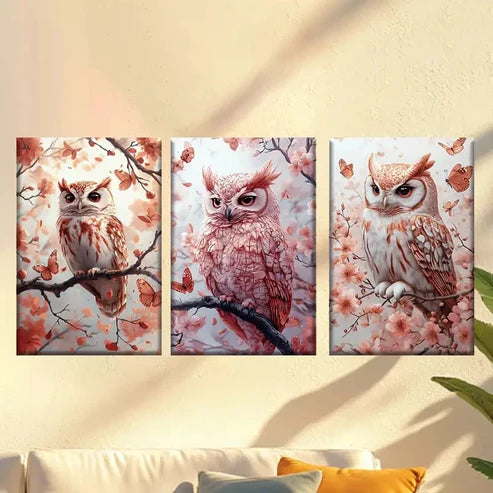 3pcs Pink And Orange Owls   Wall Art Set Canvas Unframed - High Quality Print 100% Australian Made Wall Canvas