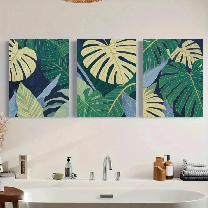 3pcs Botanical Green & Blue Leaf Patterns Metal Print Ready to Hang Art