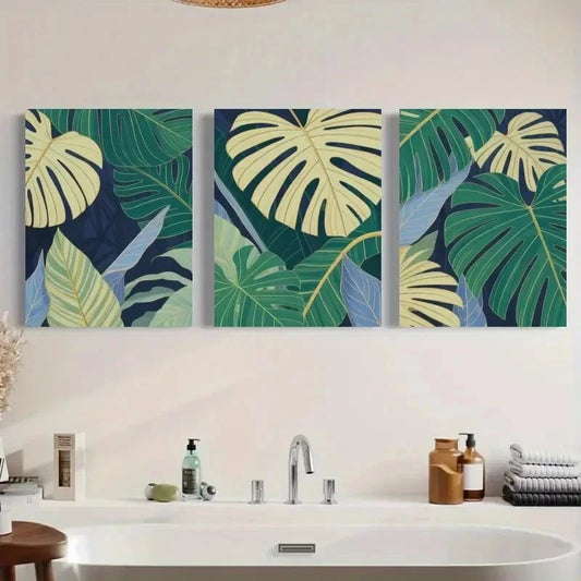 3pcs Botanical Green & Blue Leaf Patterns Metal Print Ready to Hang Art