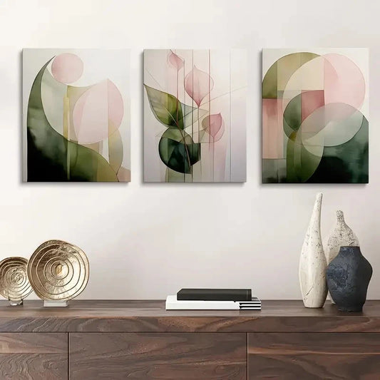 3pcs Abstract Green and Pink Plant Metal Print Ready to Hang Art