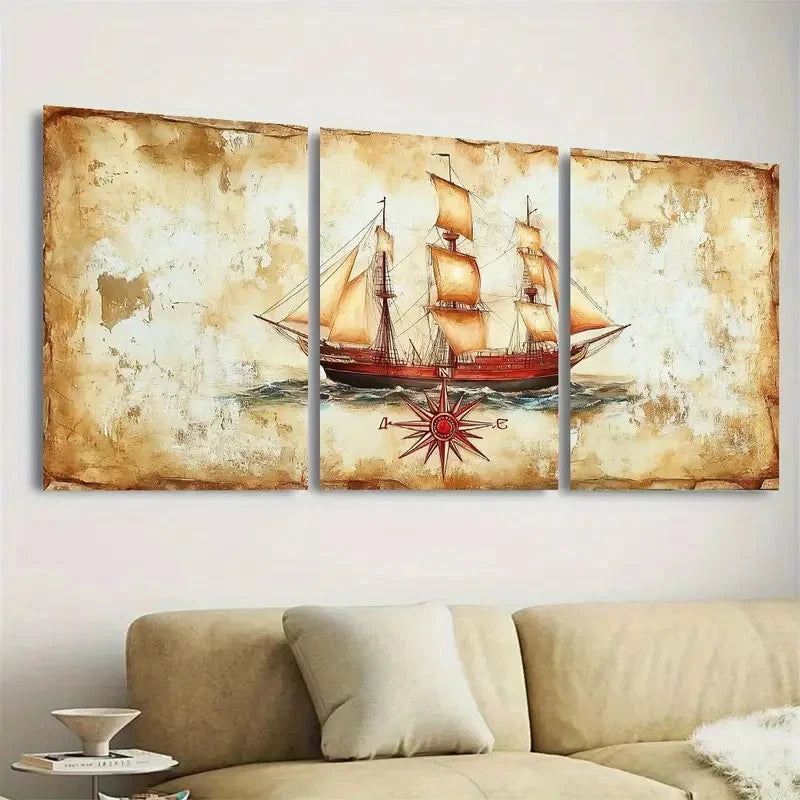 3pcs Vintage Nautical Ship and Compass Rose Wall Art Set Canvas Framed 50x70cm - High Quality Print 100% Australian Made Wall Canvas Ready to Hang