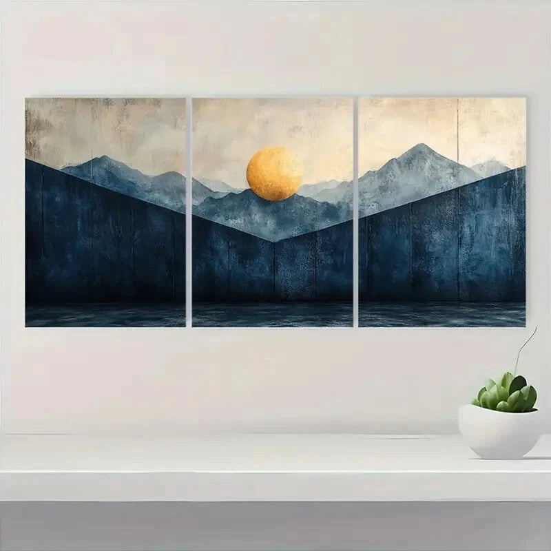 3pcs Abstract Mountain and Sun Blue Pastel Design Metal Print Ready to Hang Art