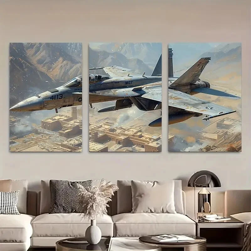 3pcs Military Aircraft Canvas Wall Art Metal Print Ready to Hang Art