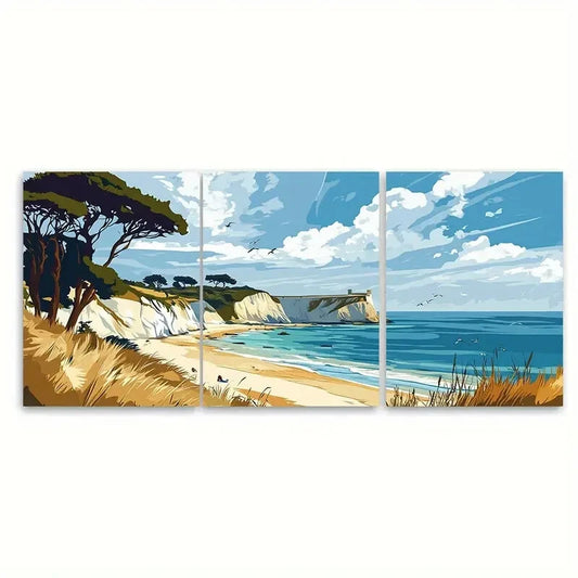 3pcs Studland Bay Coastal Beach Scene with Cliffs Metal Print Ready to Hang Art