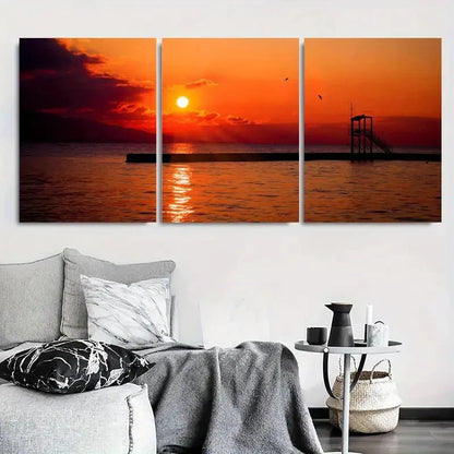 3pcs Scenic Seaside Pier and Vibrant Sky Metal Print Ready to Hang Art
