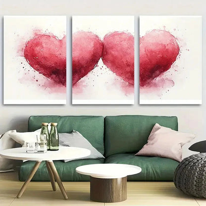 3pcs Romantic Pink Watercolor Heart Pair Metal Print Ready to Hang Art