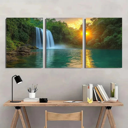 3pcs Tropical Waterfall Vibrant Sunset Lush Green Metal Print Ready to Hang Art