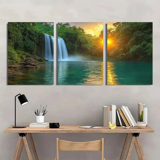 3pcs Tropical Waterfall Vibrant Sunset Lush Green Metal Print Ready to Hang Art