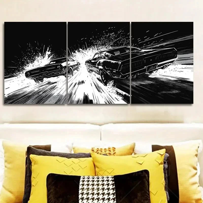 3pcs Black & White Design sports car race Wall Art Set Canvas Framed 60x90cm - High Quality Print 100% Australian Made Wall Canvas Ready to Hang