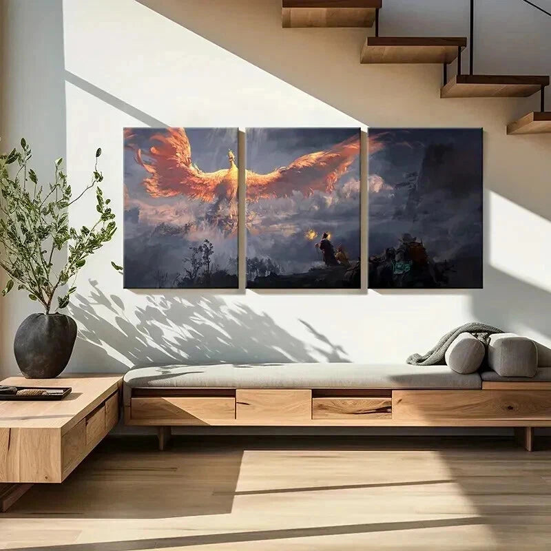 3pcs Vibrant Phoenix & Dragon Fantasy Wall Art Set Canvas Framed 40x60cm - High Quality Print 100% Australian Made Wall Canvas Ready to Hang