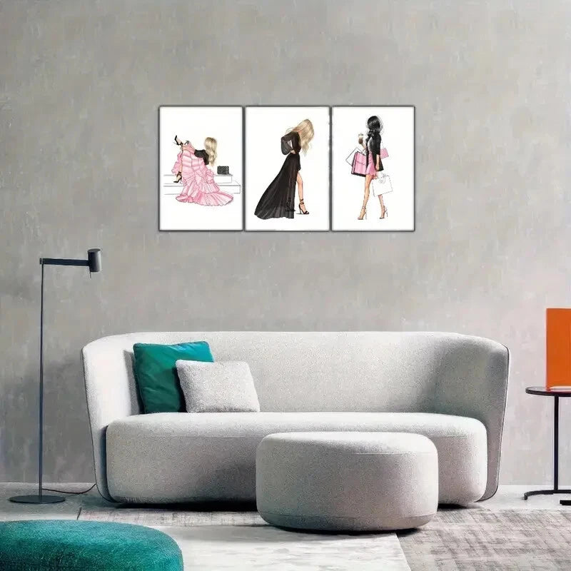 3pcs Shopping Girl Holding Bags And Coffee Metal Print Ready to Hang Art