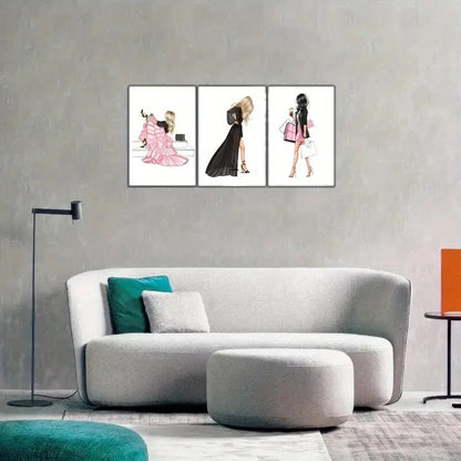 3pcs Shopping Girl Holding Bags And Coffee Metal Print Ready to Hang Art