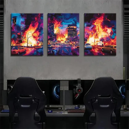 3pcs Cyberpunk Cityscape Neon Apocalypse Perfect Wall Art Set Canvas Framed 40x60cm - High Quality Print 100% Australian Made Wall Canvas Ready to Hang