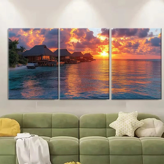 3pcs Luxury Resort Sunset Scene Metal Print Ready to Hang Art
