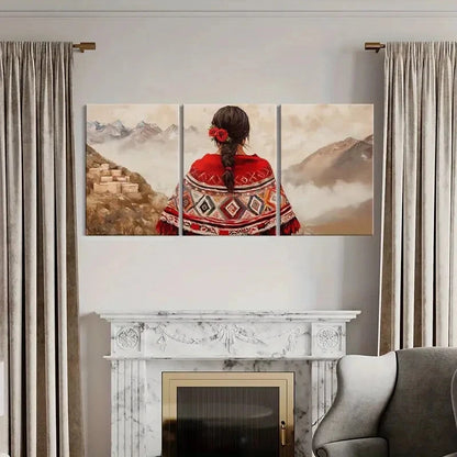 3pcs Mountain View Traditional Attire with Roses Metal Print Ready to Hang Art