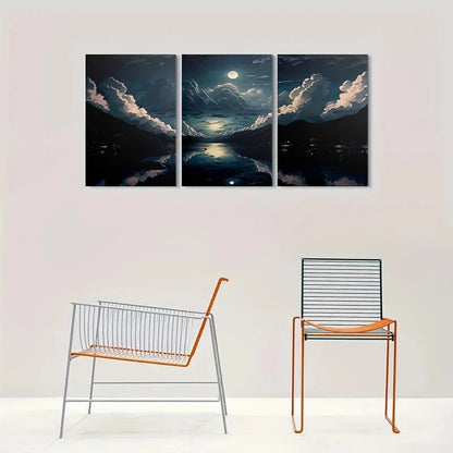 3pcs Moonlit Lake Night Scene Cloudy Sky Metal Print Ready to Hang Art
