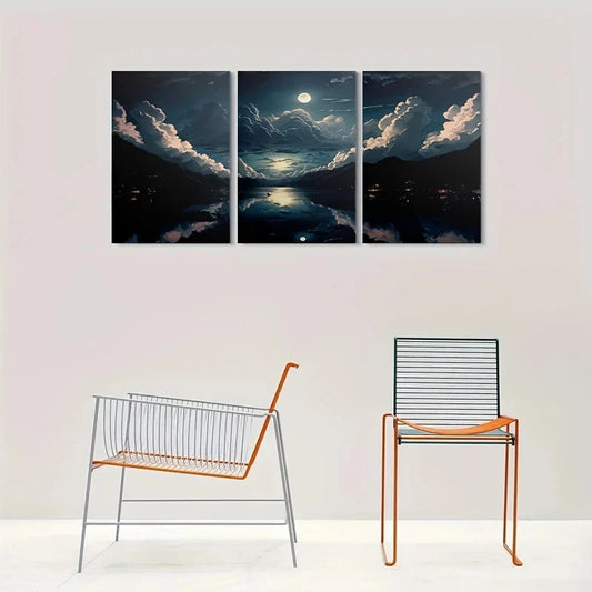 3pcs Moonlit Lake Night Scene Cloudy Sky Metal Print Ready to Hang Art