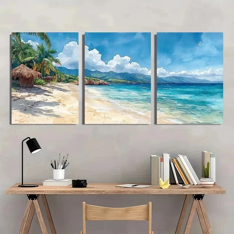 3pcs Serranilla Island Beach Huts & Ocean Views Wall Art Set Canvas Framed 40x60cm - High Quality Print 100% Australian Made Wall Canvas Ready to Hang