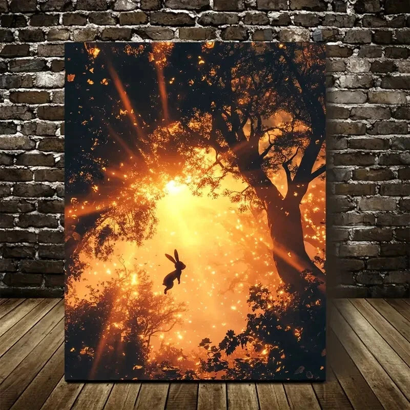 Enchanted Steampunk Rabbit Sunset Scene Painting 40x60cm Metal Print Ready to Hang