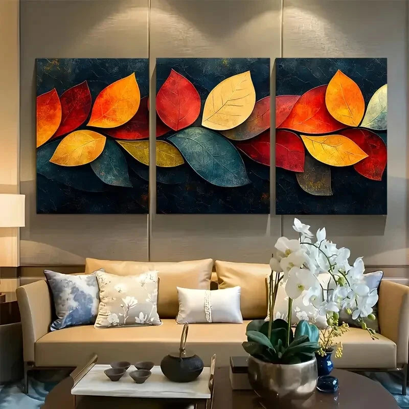 3pcs Vibrant Autumn Leaf Abstract Metal Print Ready to Hang Art