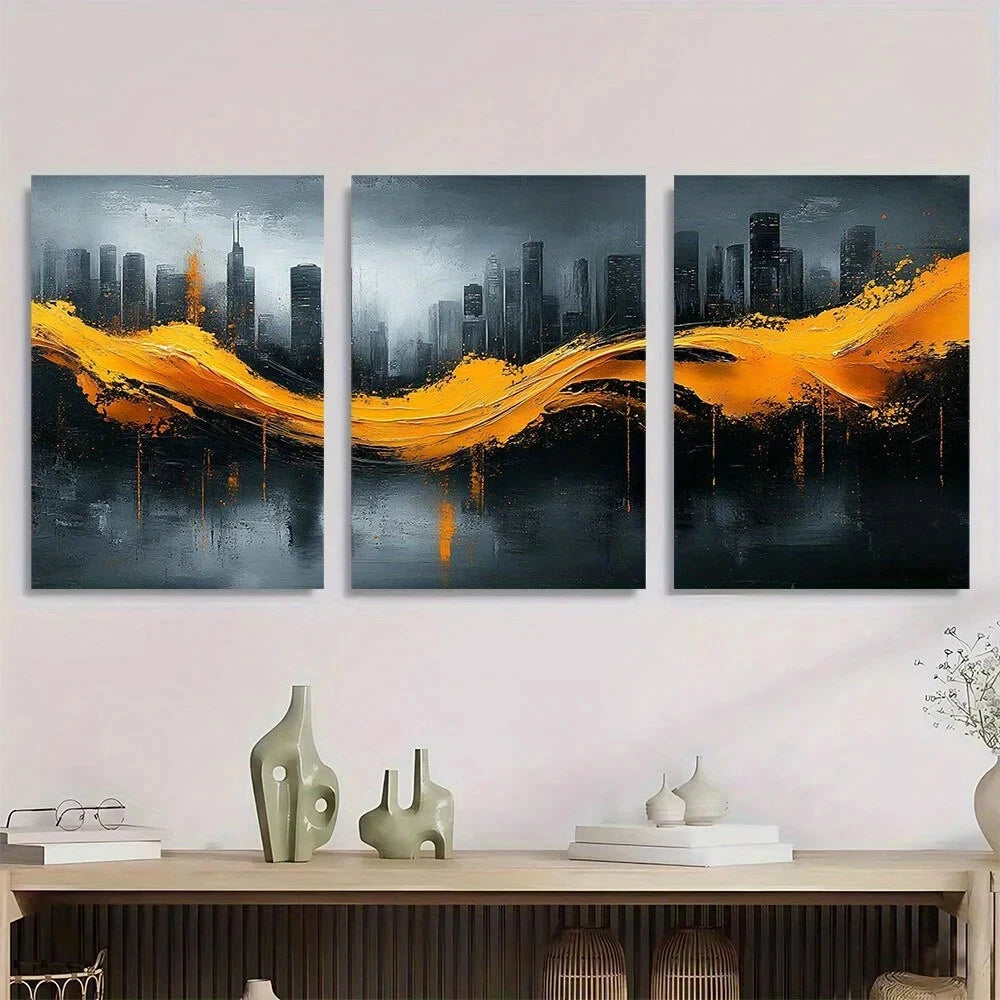 3pcs Modern Abstract Golden Black and White Metal Print Ready to Hang Art