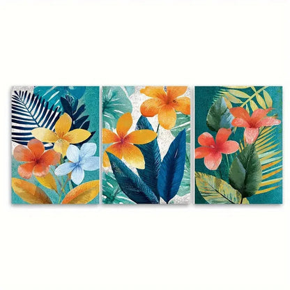 3pcs Menorca Travel Tropical Floral Illustration Wall Art Set Canvas Framed 50x70cm - High Quality Print 100% Australian Made Wall Canvas Ready to Hang