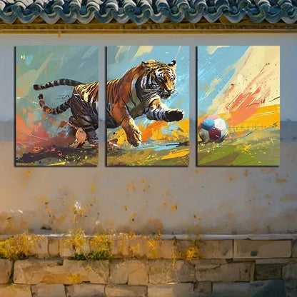 3pcs Vibrant Tiger Playing Soccer Modern Design Metal Print Ready to Hang Art