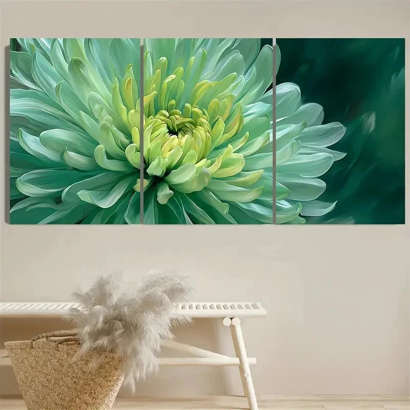 3pcs Green Chrysanthemum Flower Print Wall Art Set Canvas Framed 50x70cm - High Quality Print 100% Australian Made Wall Canvas Ready to Hang