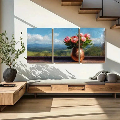 3pcs Floral Arrangement Copper Vase Landscape Metal Print Ready to Hang Art