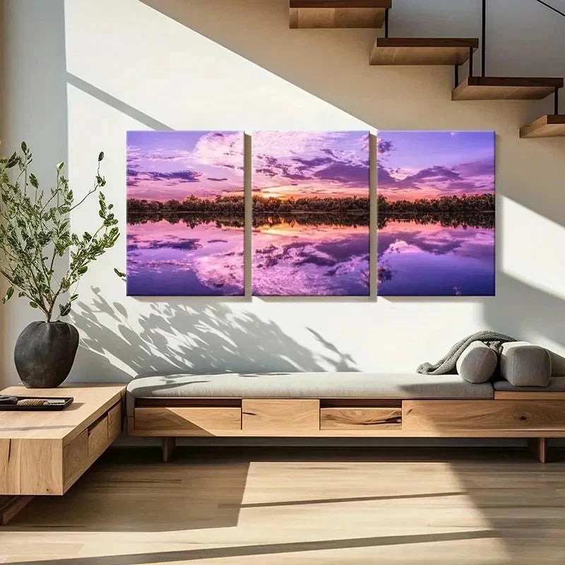 3pcs Purple Sky Lake and Mountain Scenery Wall Art Set Canvas Framed 40x60cm - High Quality Print 100% Australian Made Wall Canvas Ready to Hang
